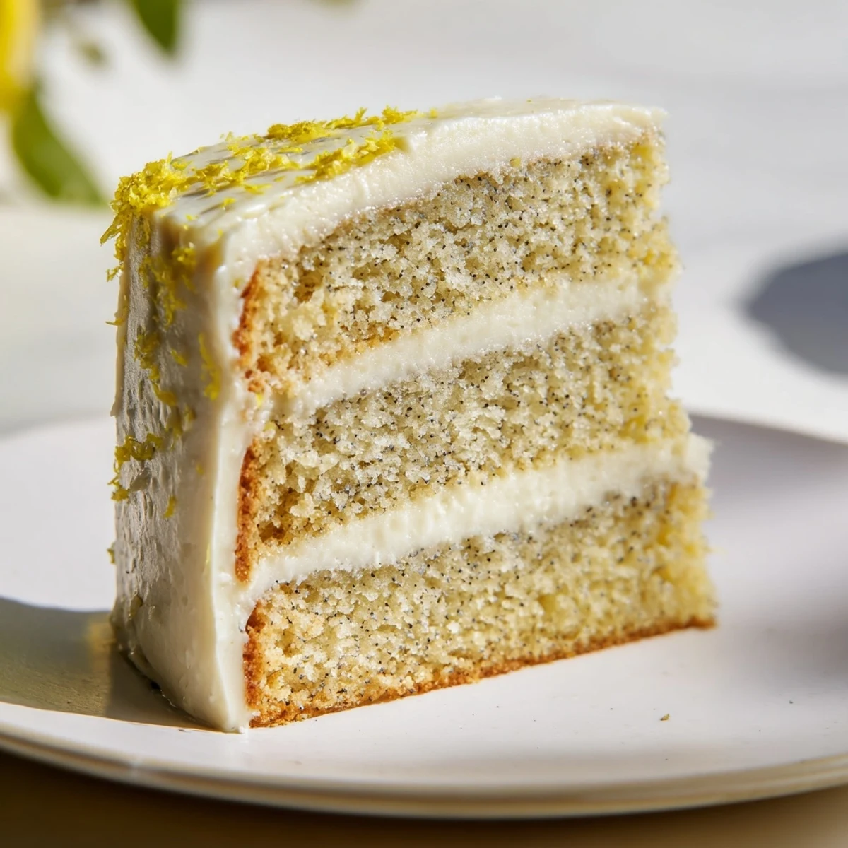 London Fog cake slice revealing fluffy Earl Grey layers with creamy vanilla bean frosting