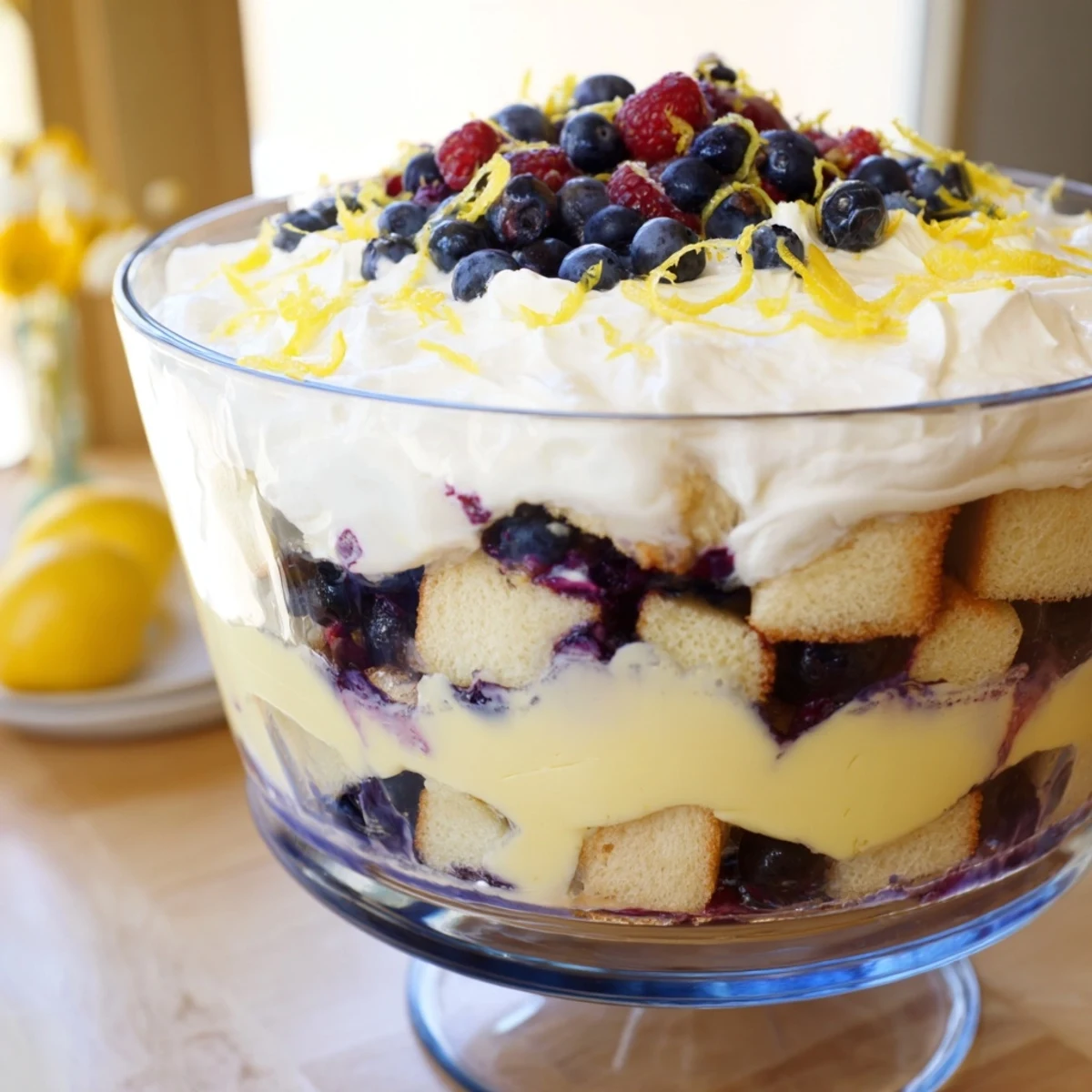 Glass trifle bowl showing layered lemon blueberry trifle with fluffy whipped cream and fresh berry garnish