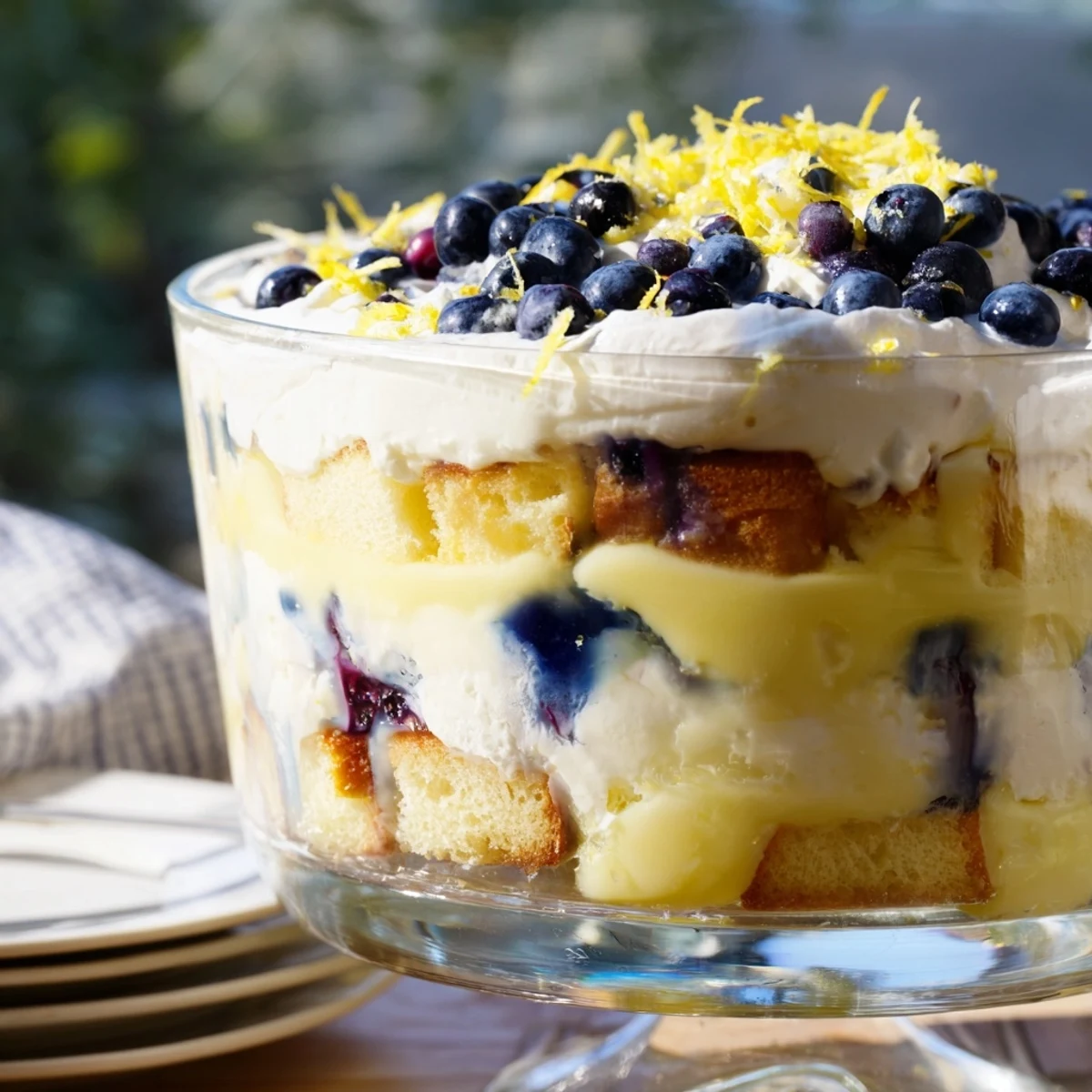 Summer dessert featuring easy lemon blueberry trifle with bright lemon curd and plump blueberries in clear glass