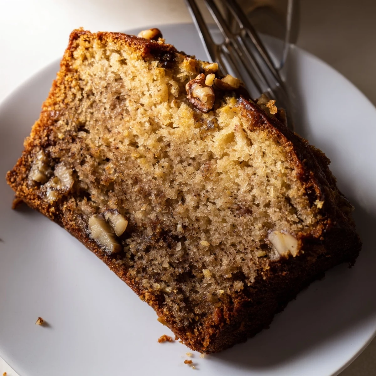 Golden brown ultimate banana nut bread loaf studded with toasted walnuts on a wooden board