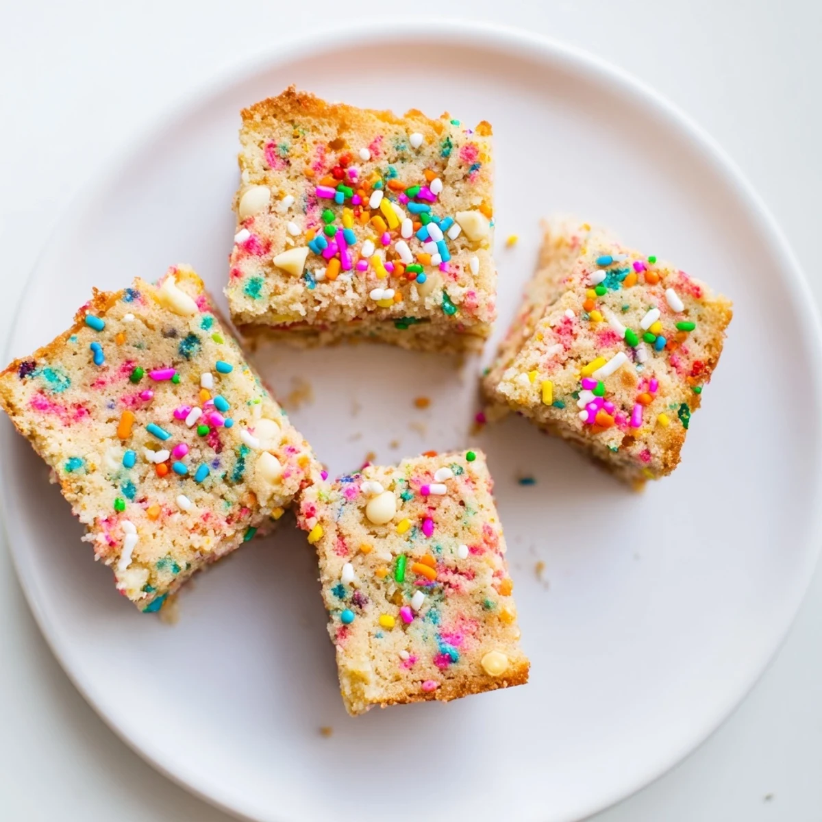 Buttery Spring Funfetti Blondies squares dotted with colorful sprinkles for festive spring celebrations