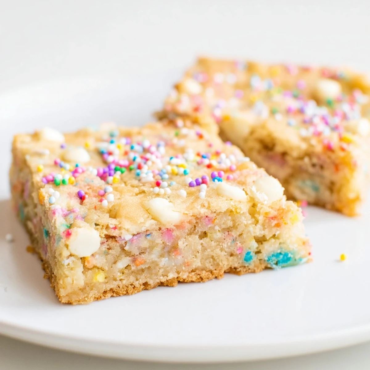 Golden Spring Funfetti Blondies studded with vibrant rainbow sprinkles on a white plate