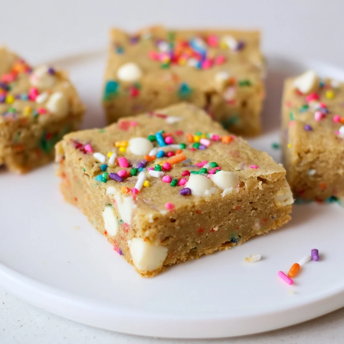 Chewy Spring Funfetti Blondies with bright sprinkles peeking through the golden baked crust