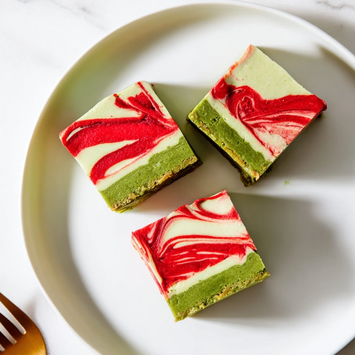 Freshly sliced Matcha Strawberry Cream Bars showing green tea base swirled with sweet berry puree
