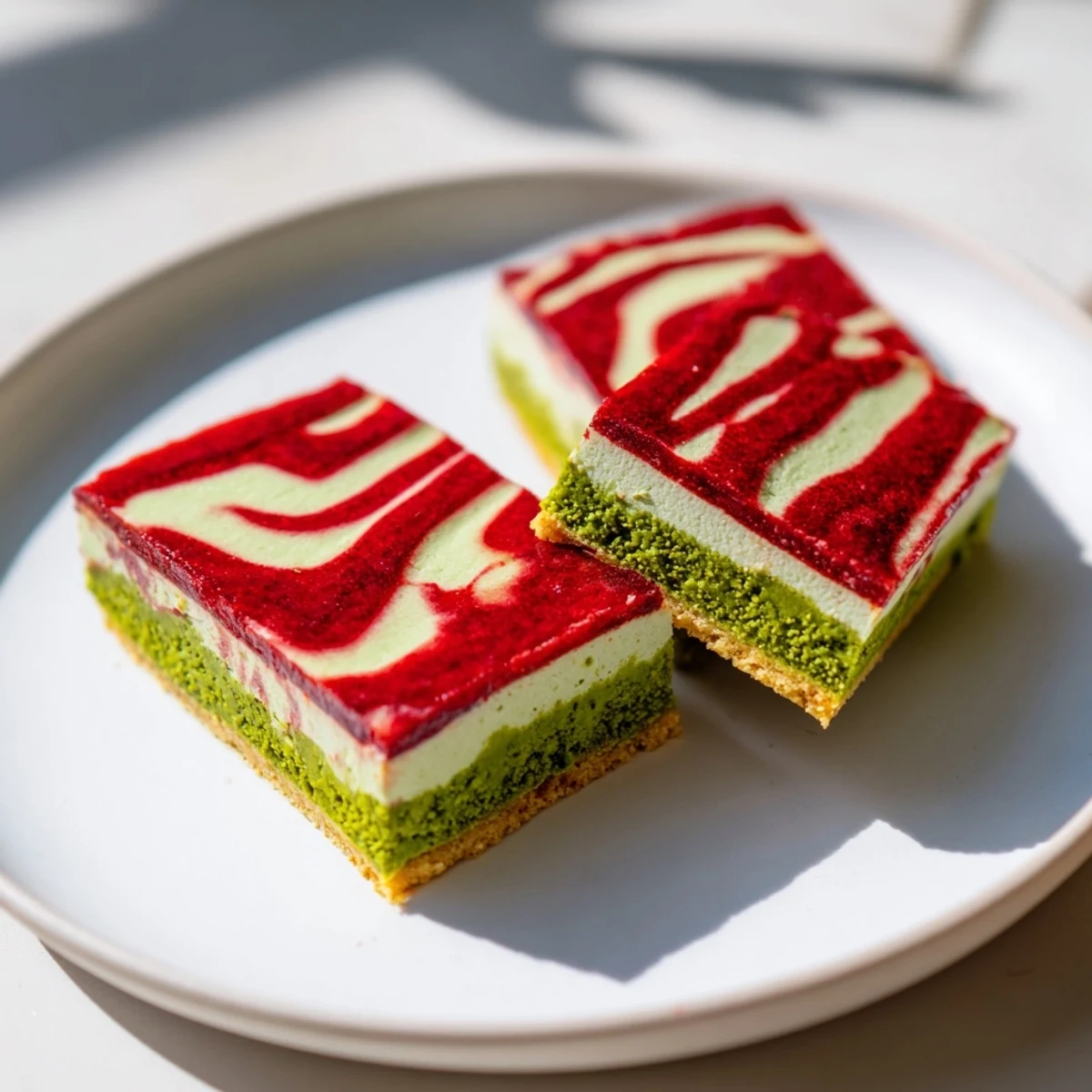 Golden matcha shortbase topped with creamy vanilla layer and vibrant red strawberry marble design