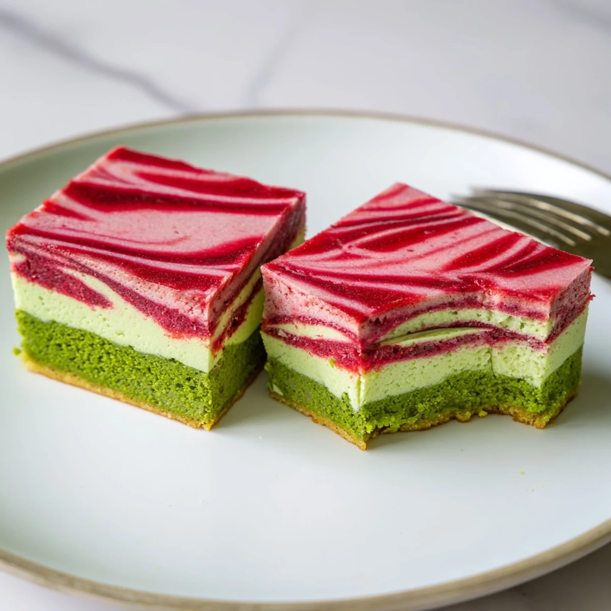Elegant green tea dessert bars displaying beautiful strawberry swirls on a white serving plate
