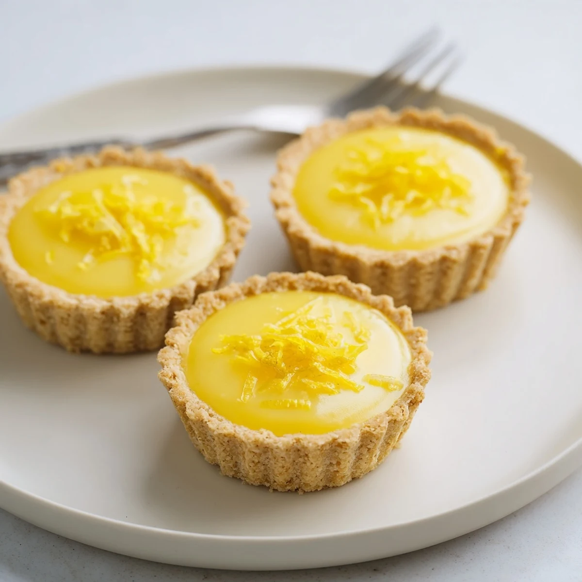 Golden mini vegan lemon tarts with creamy yellow filling in crisp pastry shells garnished with fresh lemon zest