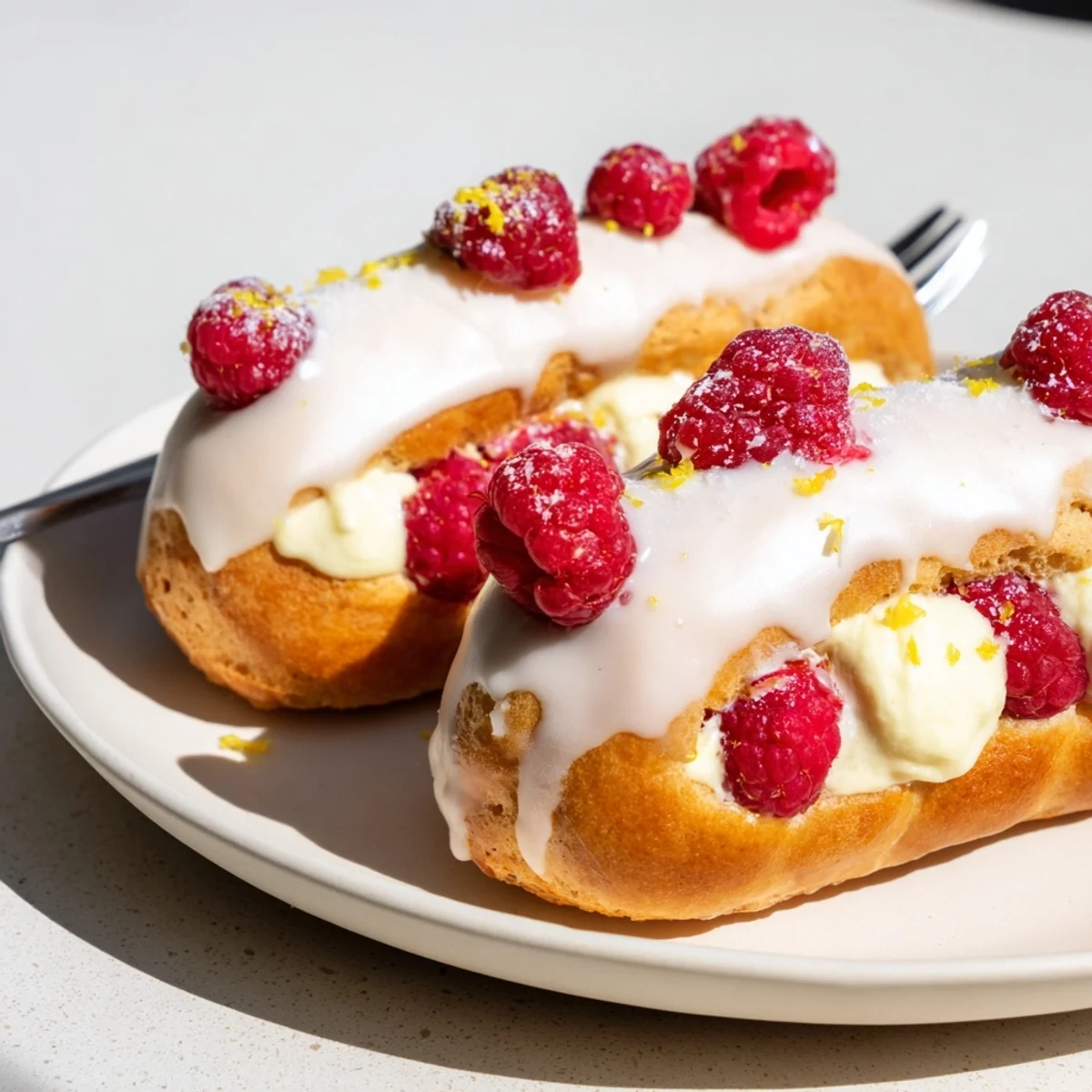 Golden lemon raspberry éclairs filled with tangy cream and topped with fresh berries