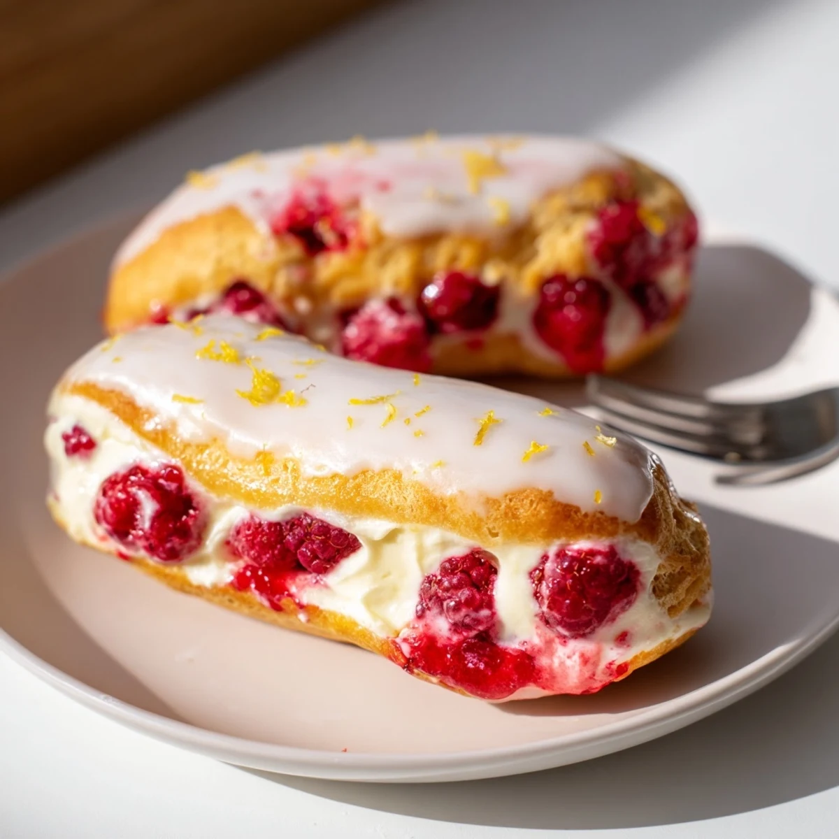 Elegant dessert plate featuring crisp choux pastry stuffed with lemon curd and raspberries