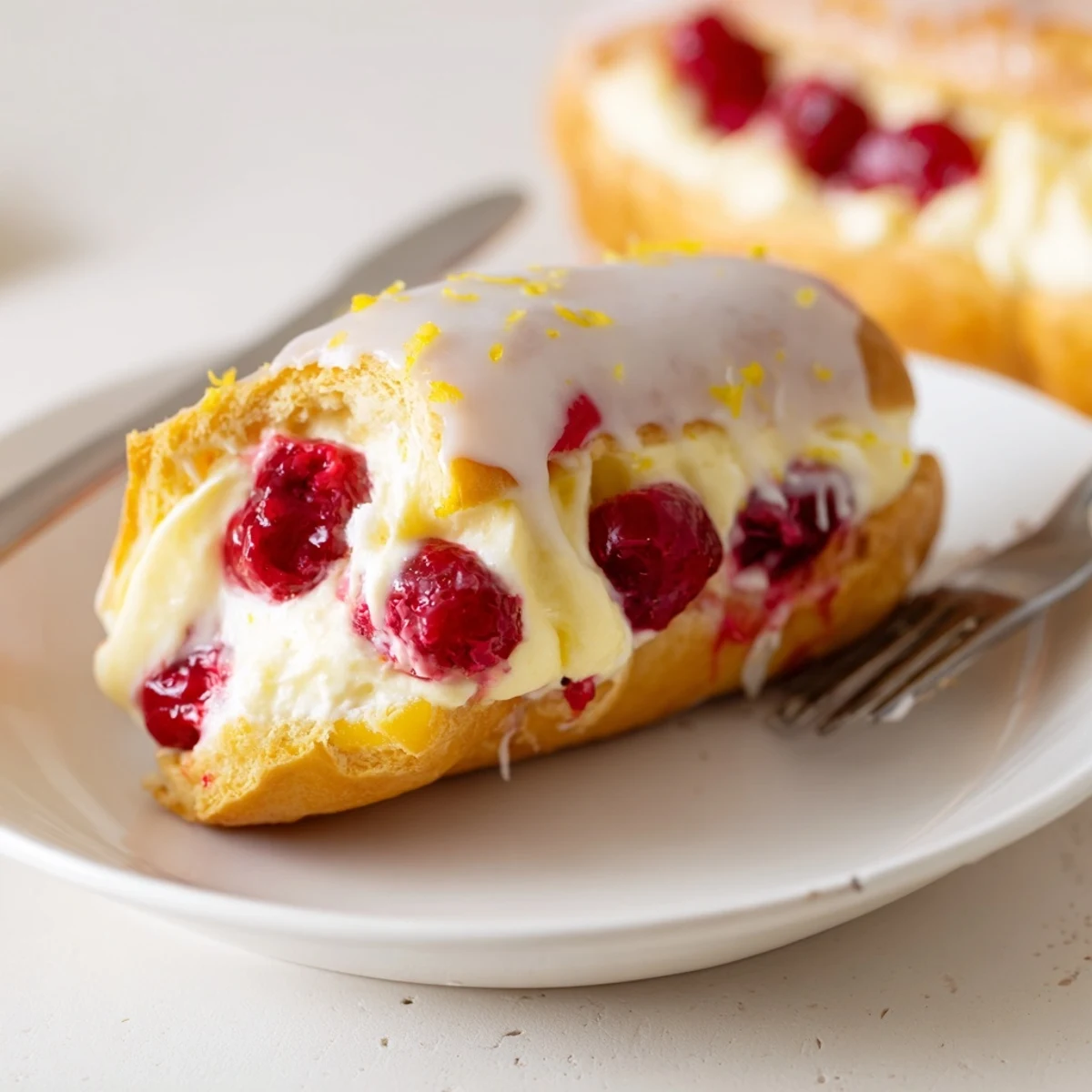French pastry éclairs drizzled with lemon glaze and bursting with vibrant raspberry filling