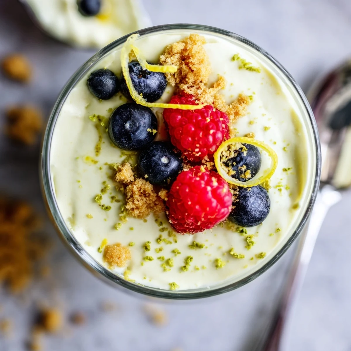 Creamy lemon cheesecake mousse topped with fresh lemon zest in elegant glass serving bowls