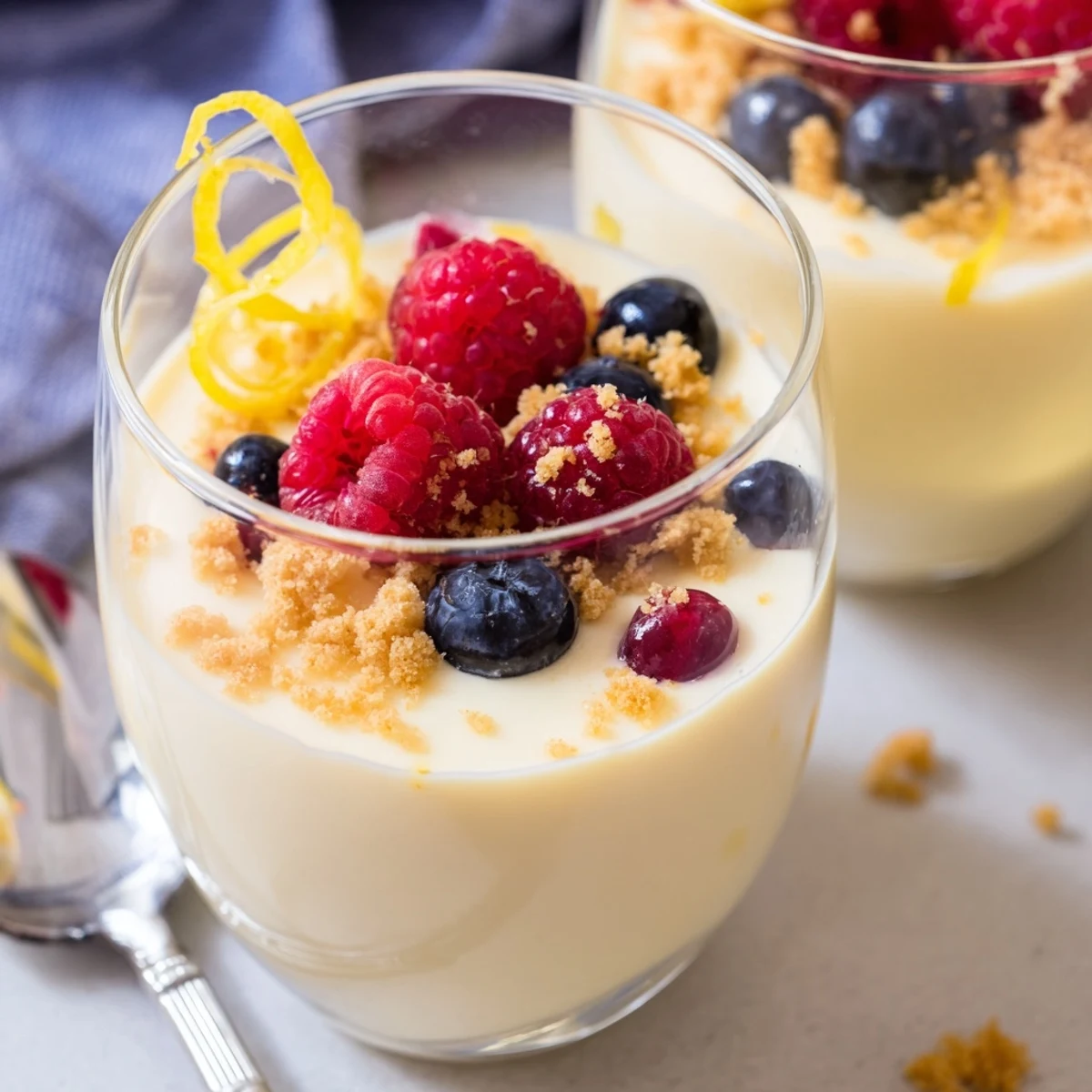 Light and fluffy lemon cheesecake m dessert with whipped cream and fresh berry garnish