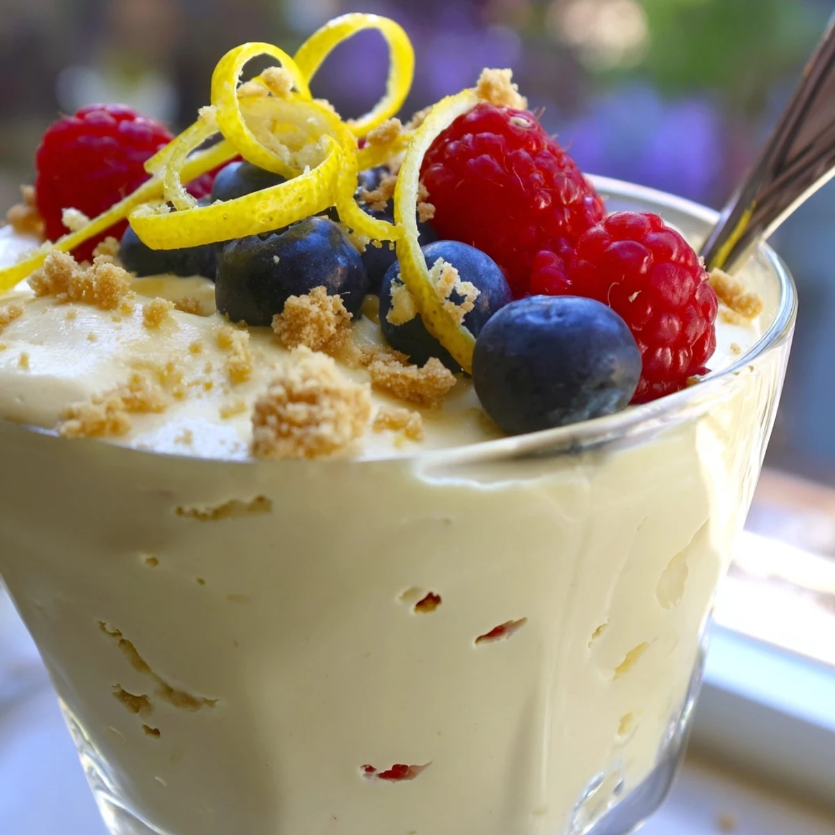 Tangy lemon cheesecake mousse served in clear glasses showing layers of creamy yellow dessert