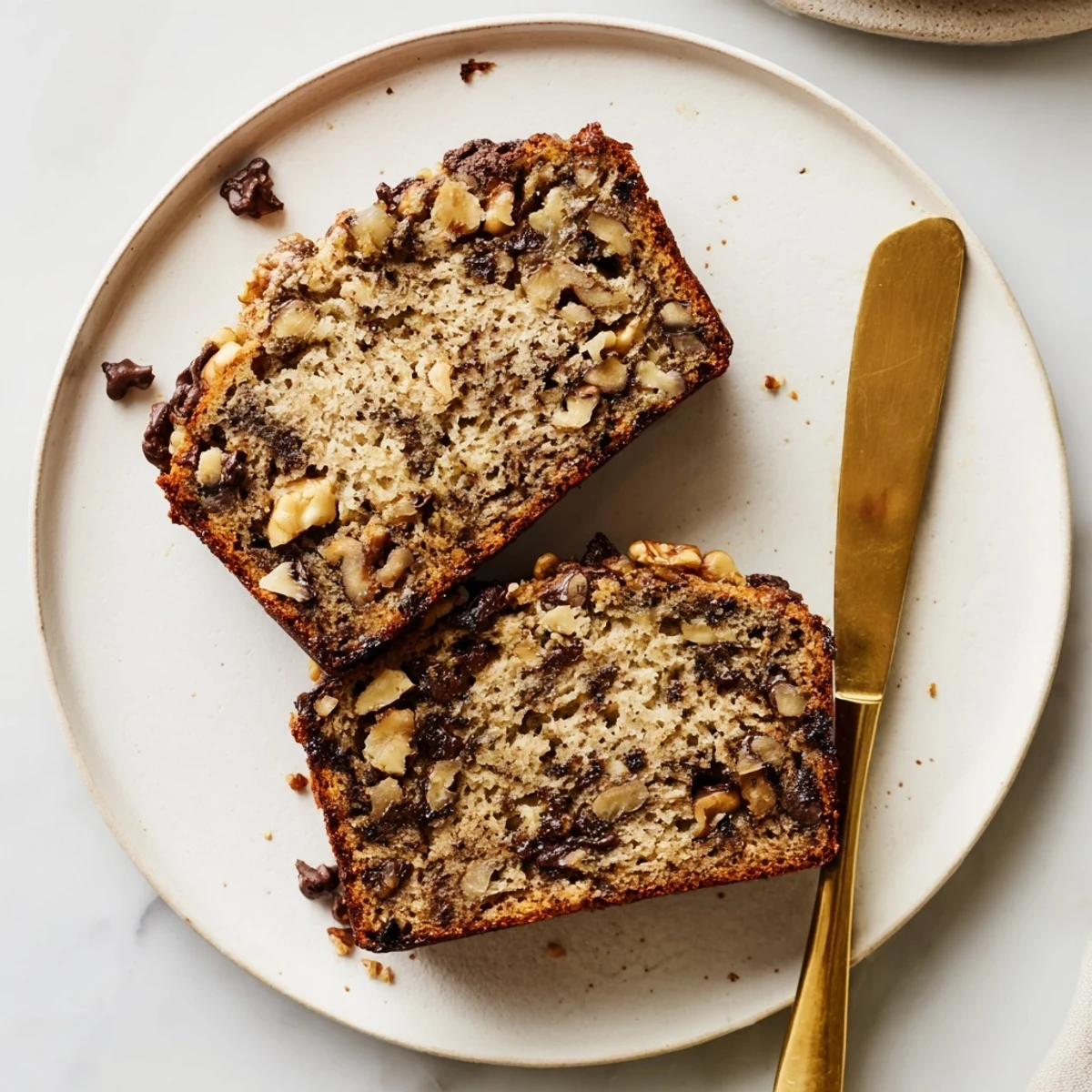 Whole loaf best ever banana bread sprinkled with chopped walnuts on white plate