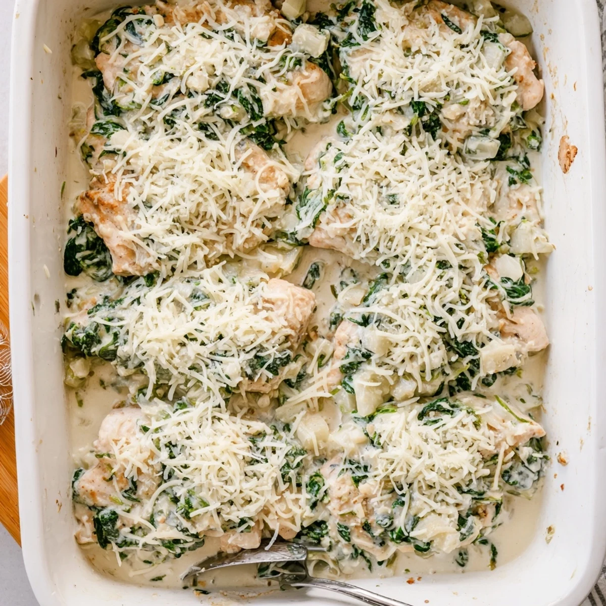 Golden bubbly spinach and artichoke chicken bake fresh from the oven with melted cheese topping