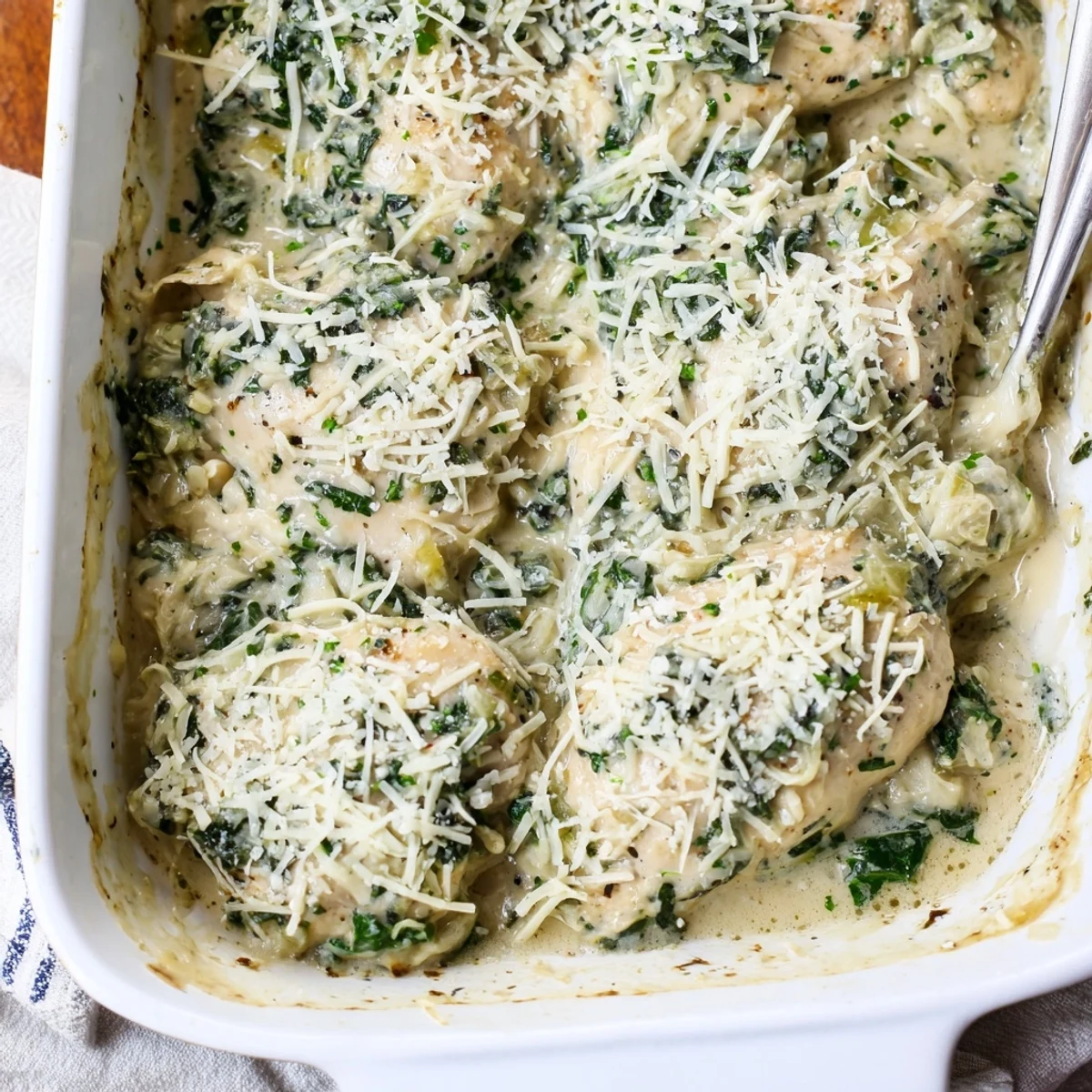 Baked chicken breasts topped with rich spinach artichoke dip mixture and mozzarella cheese in a casserole dish