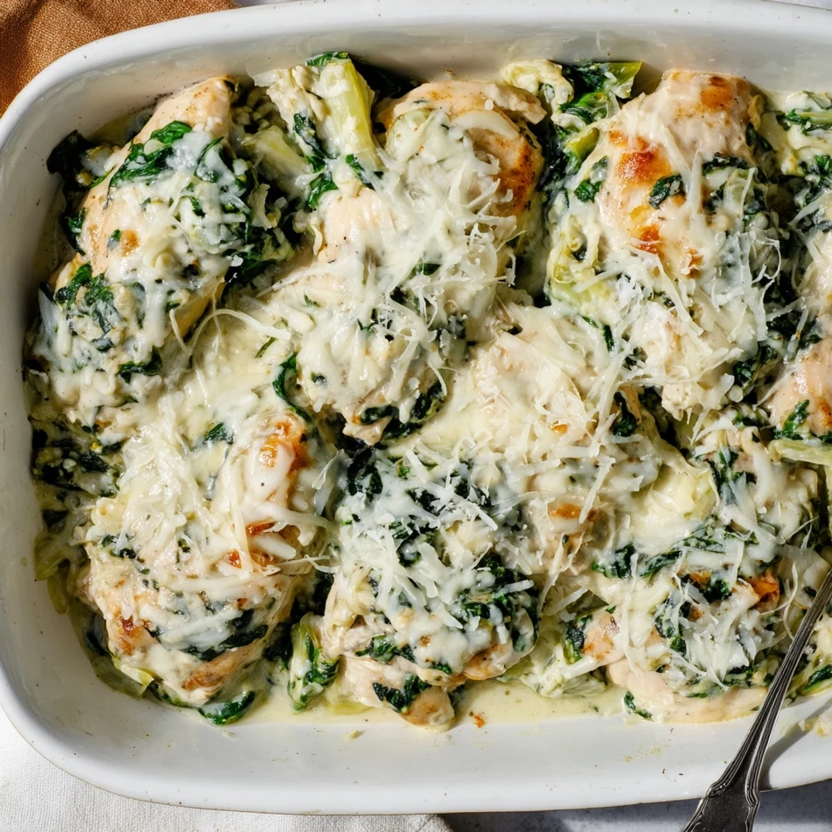 Creamy spinach and artichoke chicken casserole served on a white plate with tender juicy meat