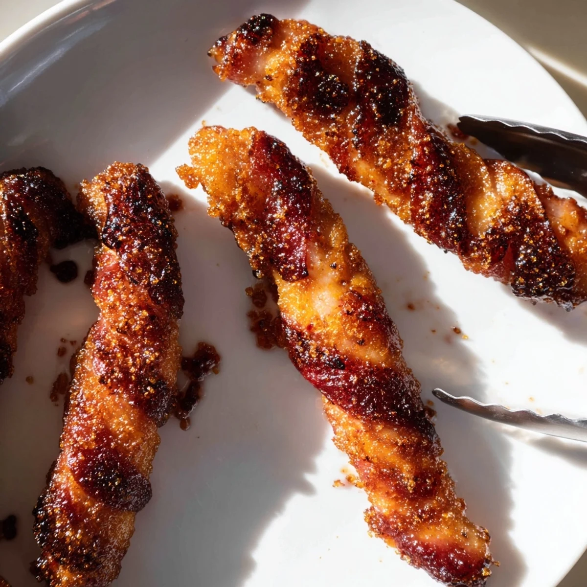 Golden brown bacon brown sugar chicken tenders on a wire rack with caramelized sugar coating