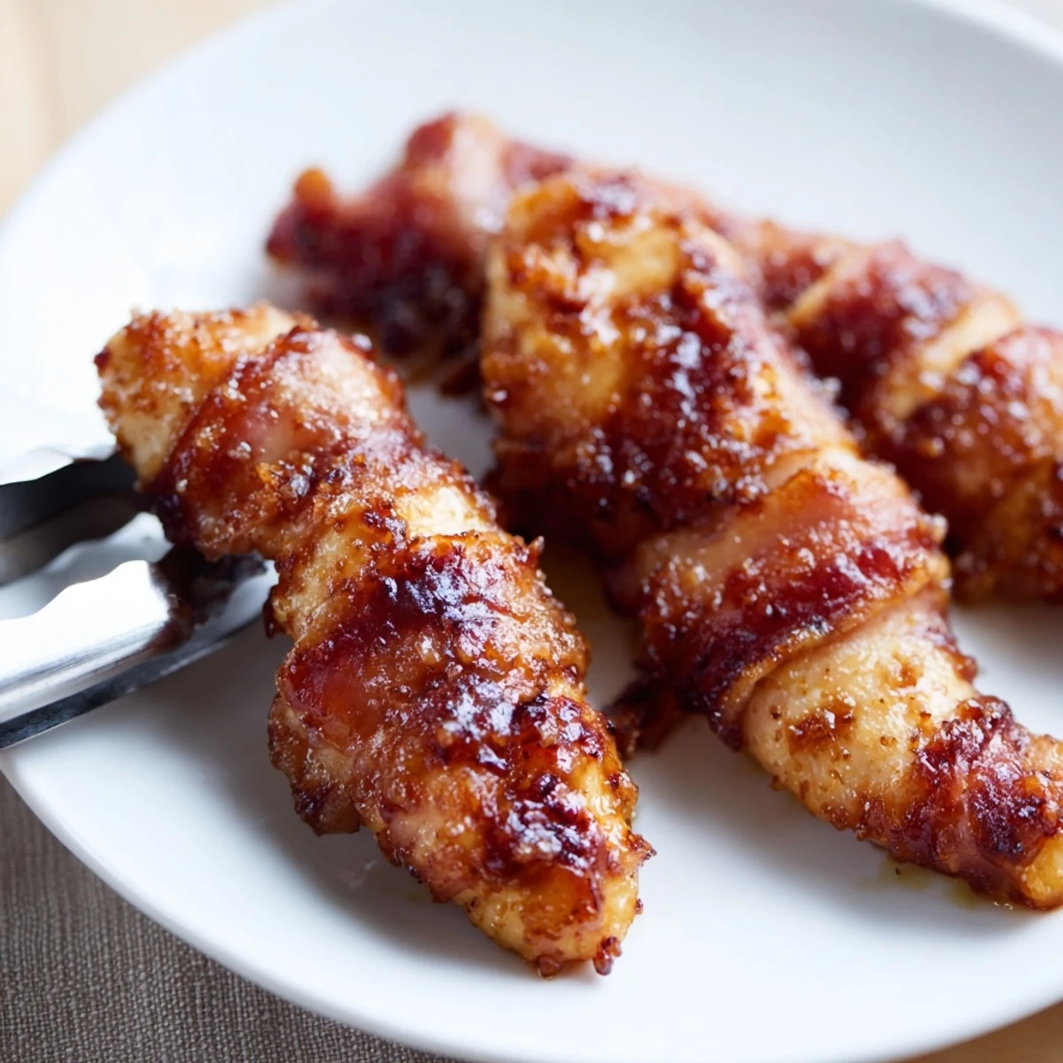 Close-up of baked bacon brown sugar chicken tenders showing crispy bacon edges and sweet glaze