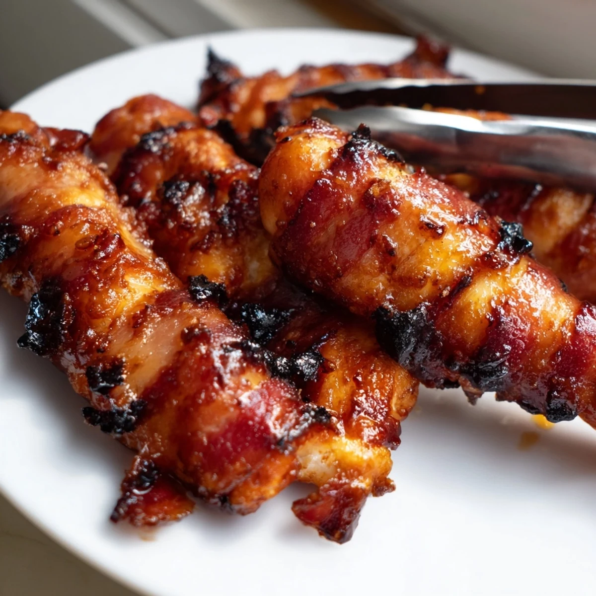 Plate of crispy bacon brown sugar chicken tenders garnished with fresh parsley and dipping sauce
