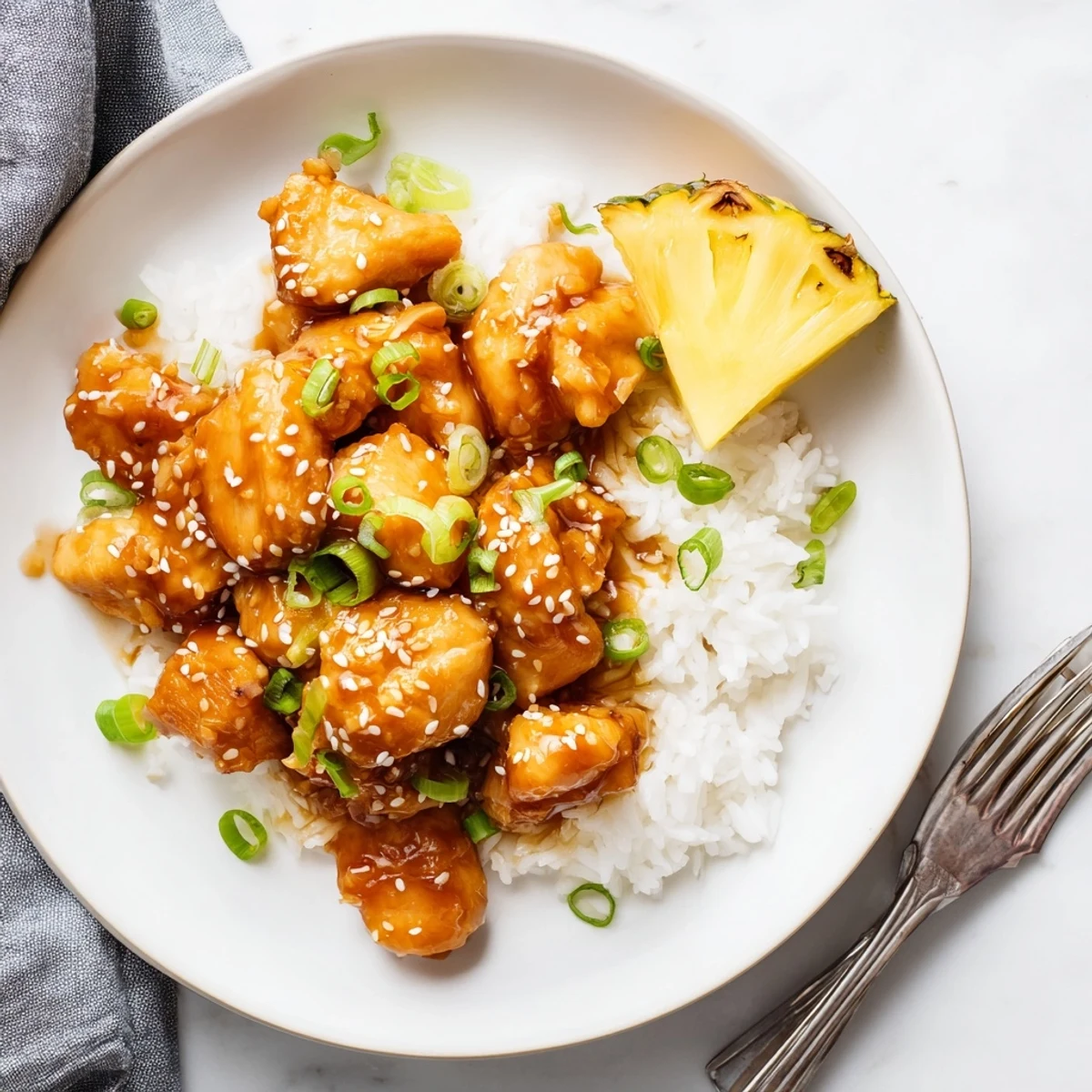Golden glazed Crock Pot Huli Huli chicken pieces coated in sticky sweet pineapple sauce