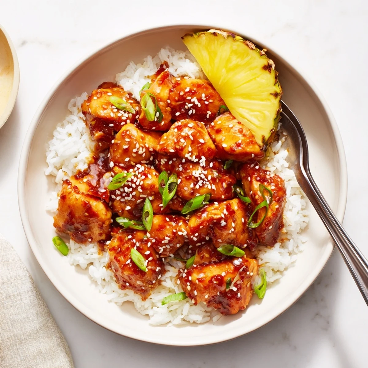 Tender slow-cooked Huli Huli chicken garnished with sesame seeds and fresh green onions