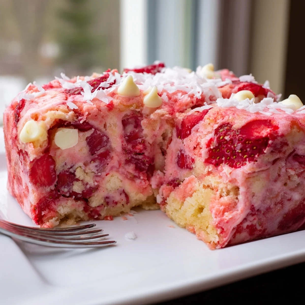 Gooey Strawberry Earthquake Cake with marbled cream cheese swirls and fresh diced strawberries