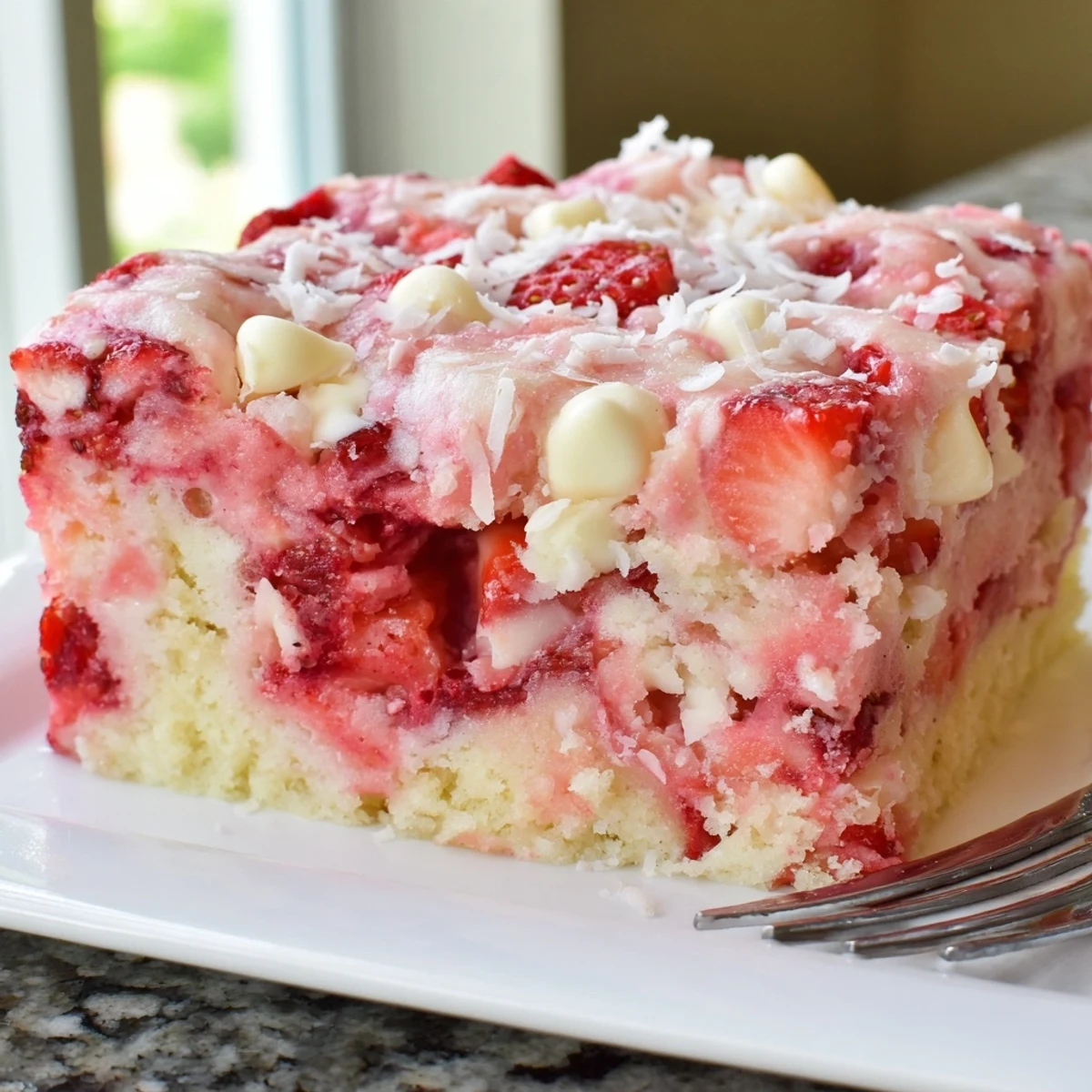 Moist Strawberry Earthquake Cake featuring melted white chocolate chips and creamy pockets