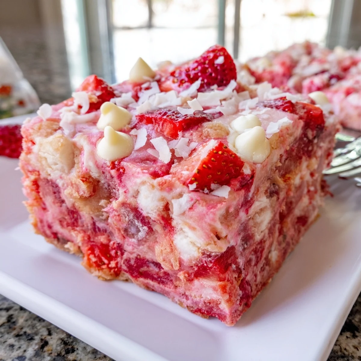 Sliced Strawberry Earthquake Cake showing gooey cream cheese center and golden strawberry crumb