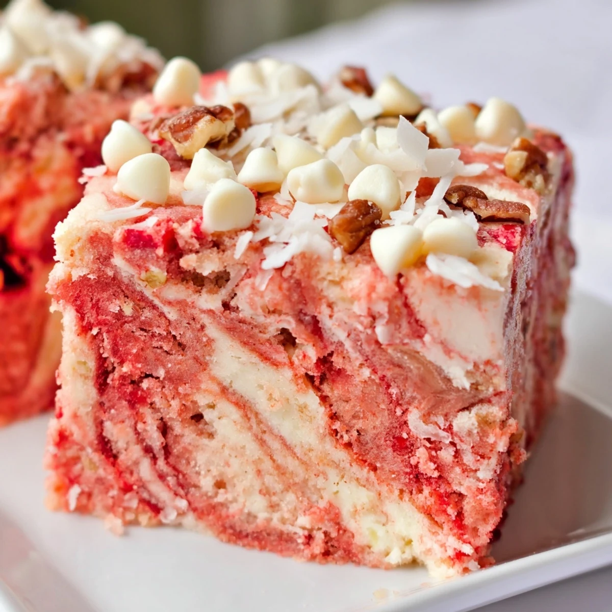 Decadent strawberry earthquake cake featuring fresh berries and coconut atop tender strawberry cake layers