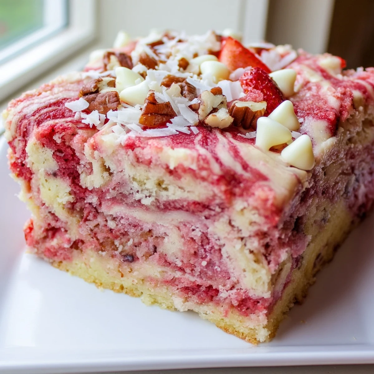 Sliced strawberry earthquake cake showing messy cream cheese swirls with white chocolate and pecan topping