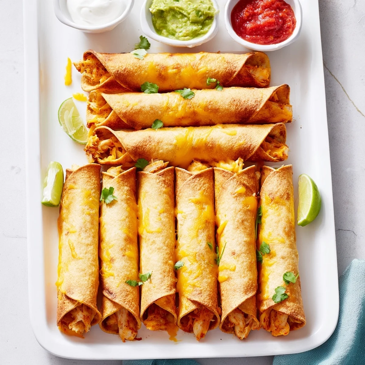 Baked crispy chicken taquitos arranged on a baking sheet with salsa and guacamole dipping sauces nearby