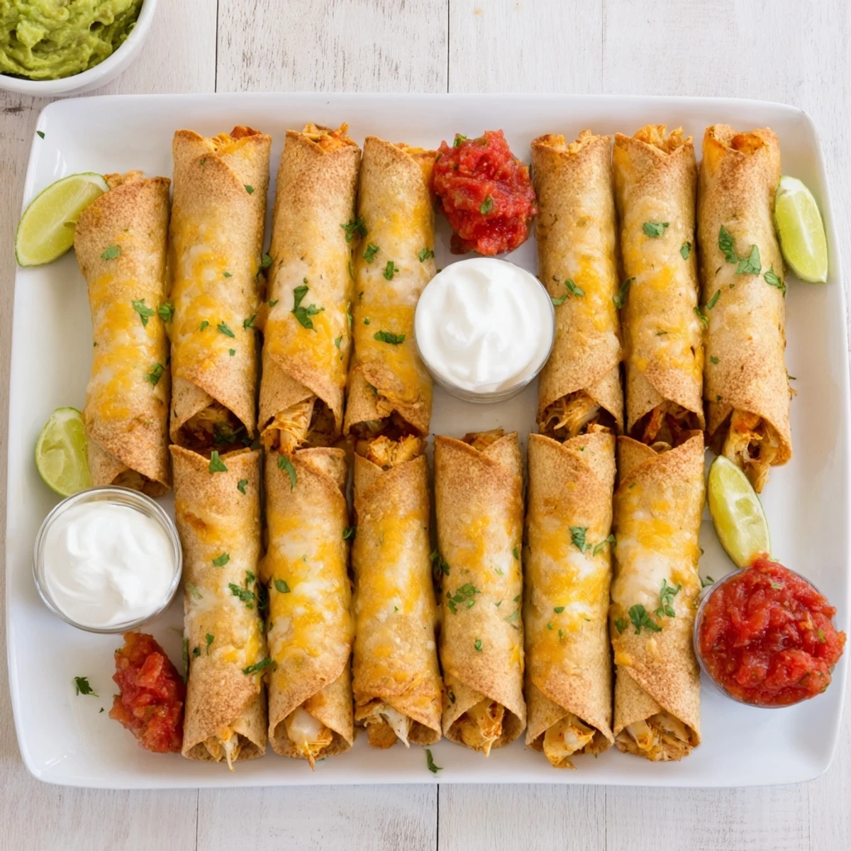 Golden brown crispy chicken taquitos filled with melted cheese and seasoned shredded chicken on a white plate