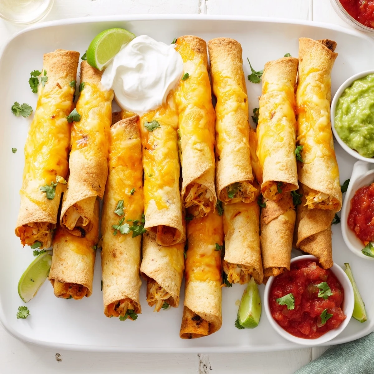 Close up of crispy chicken taquitos garnished with fresh cilantro and lime wedges ready for serving
