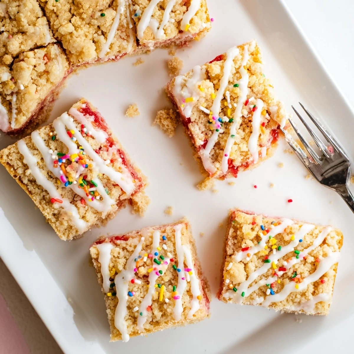 Golden poptart cookie bars with strawberry jam filling and white glaze topped with colorful sprinkles on a white plate