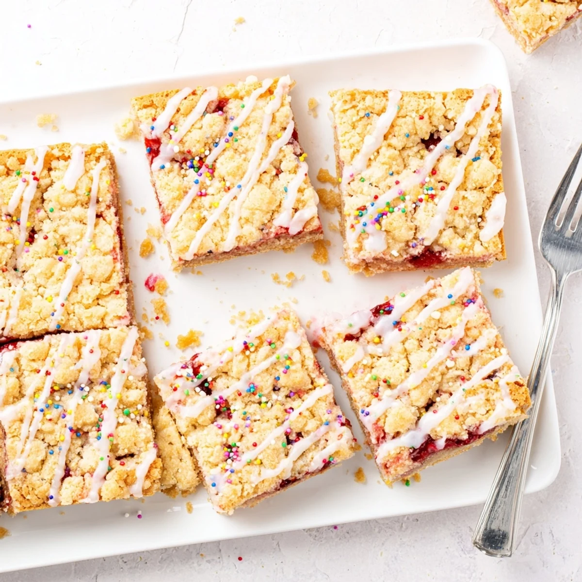 Homemade poptart cookie bars featuring crumbled sugar cookie crust, sweet fruit jam center, and drizzled vanilla icing