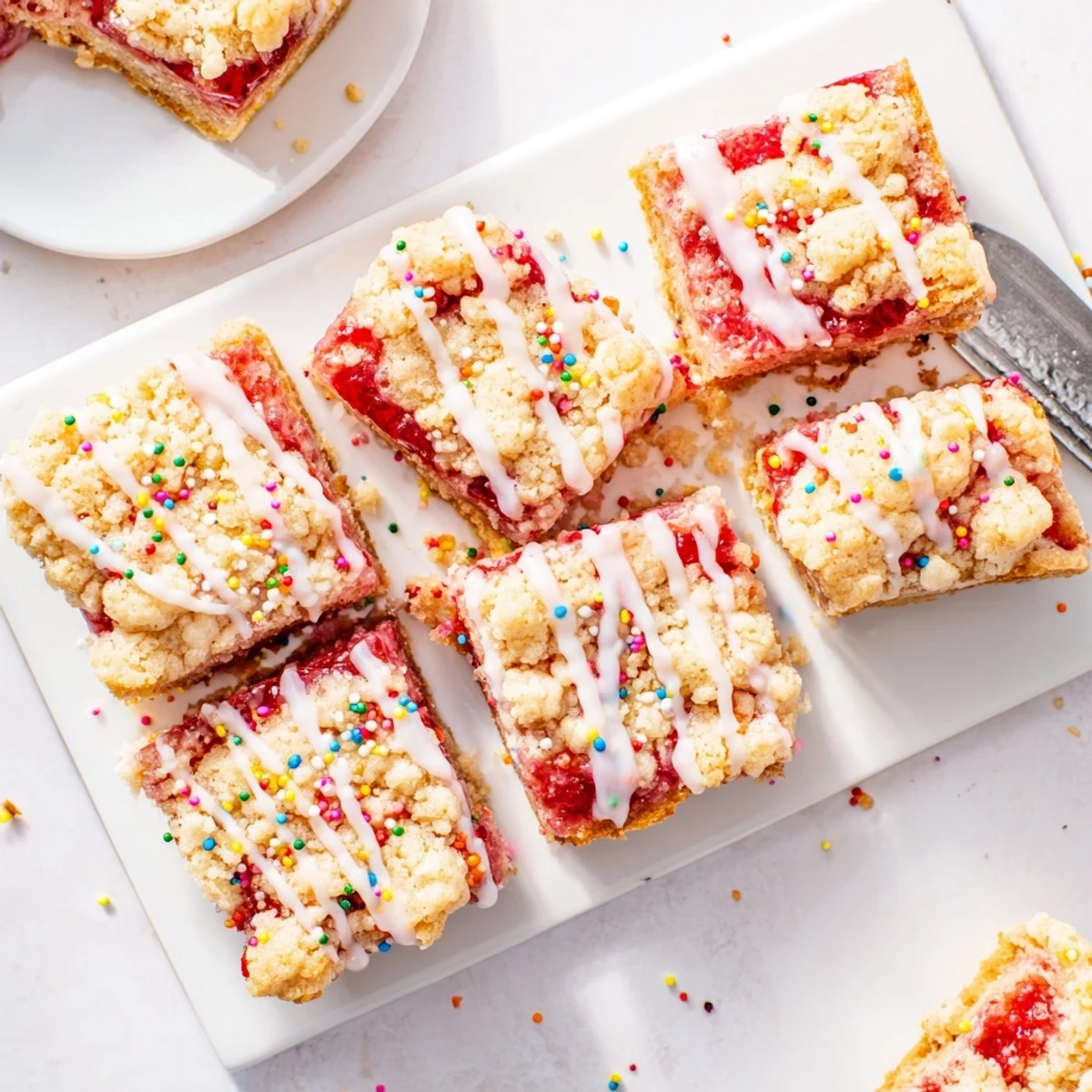 Nostalgic poptart cookie bars cut into squares showing layers of soft cookie dough, red jam, and powdered sugar glaze with rainbow sprinkles