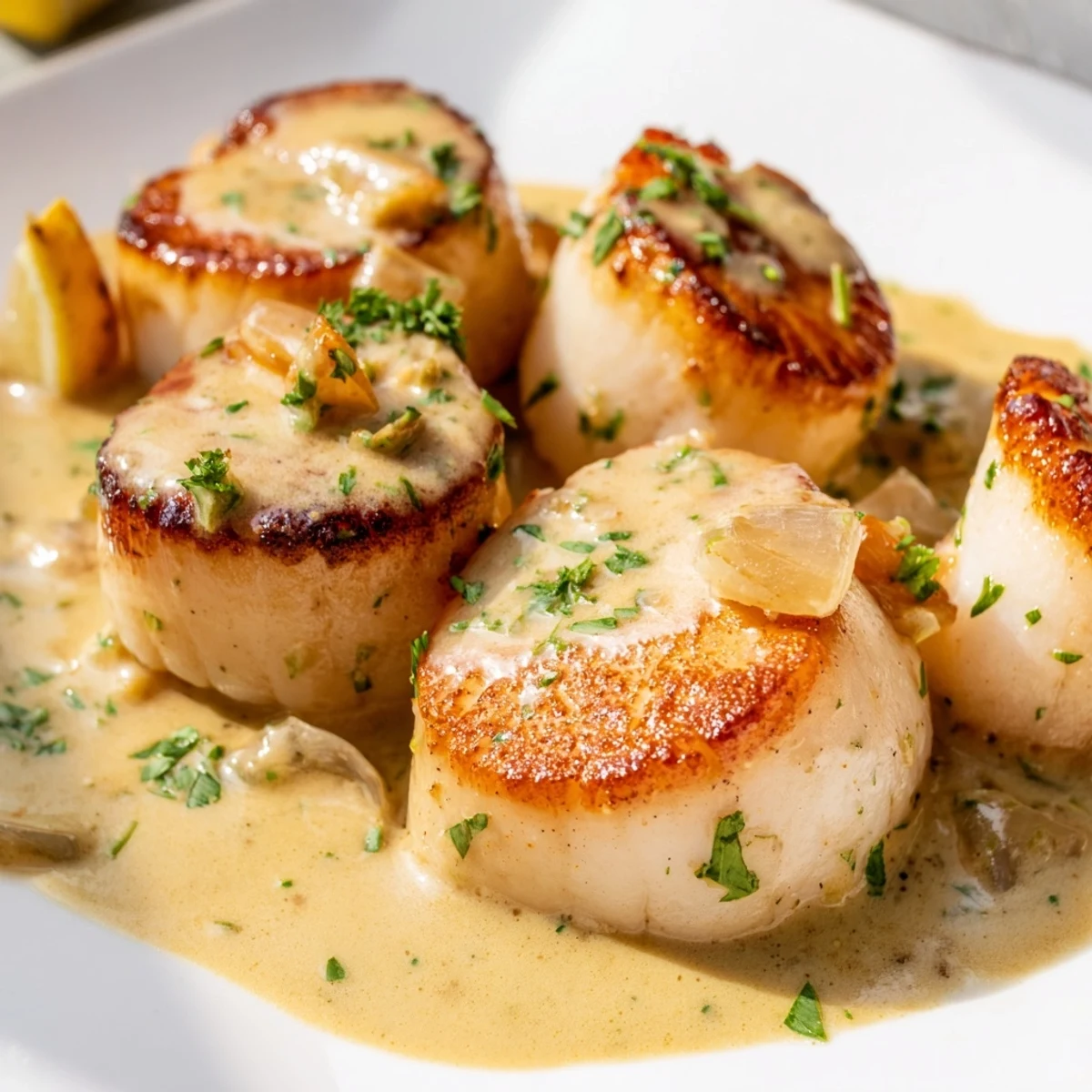 Golden seared scallops resting in a rich, spicy Cajun cream sauce with fresh parsley garnish