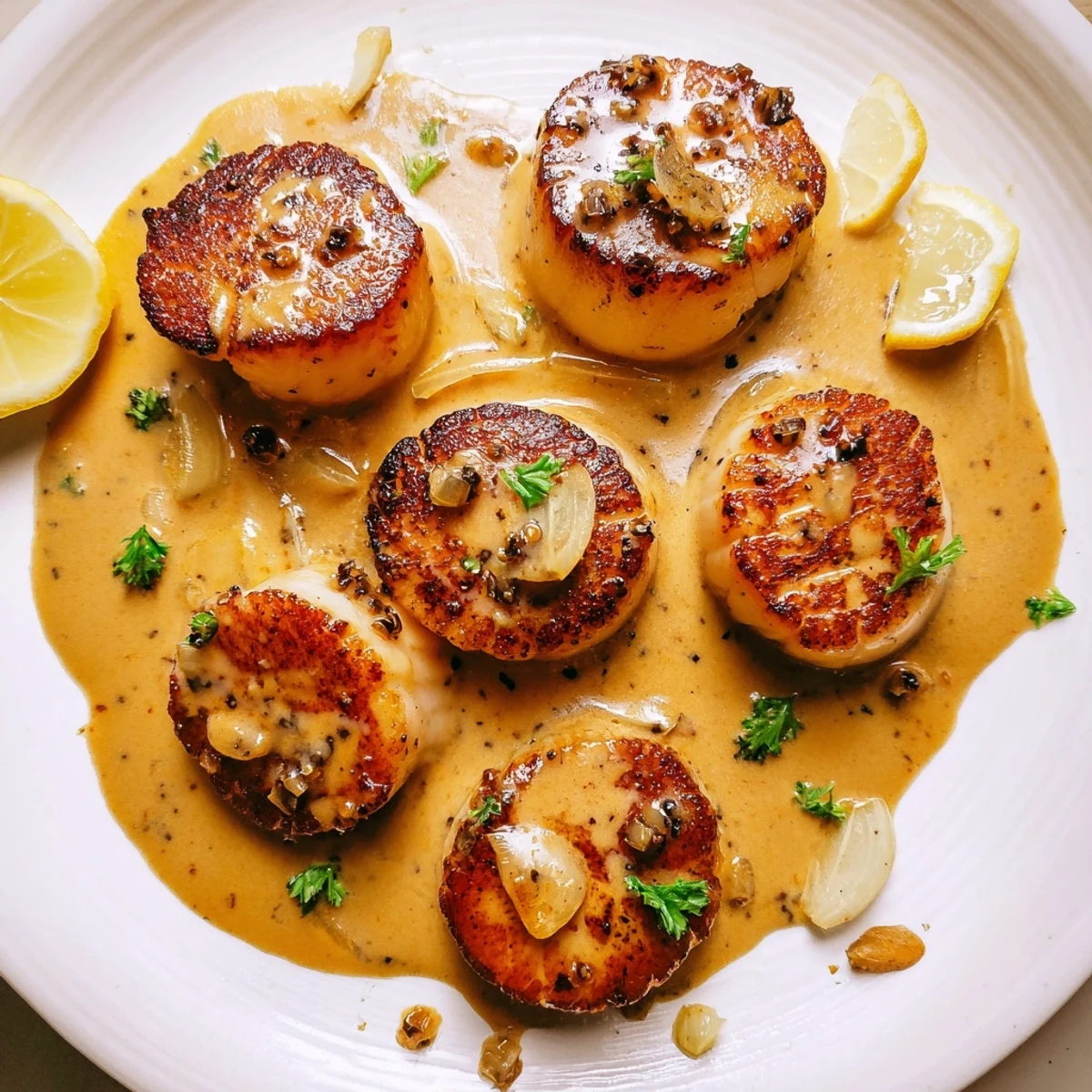 Perfectly cooked sea scallops with a golden crust drizzled with creamy Cajun spiced sauce