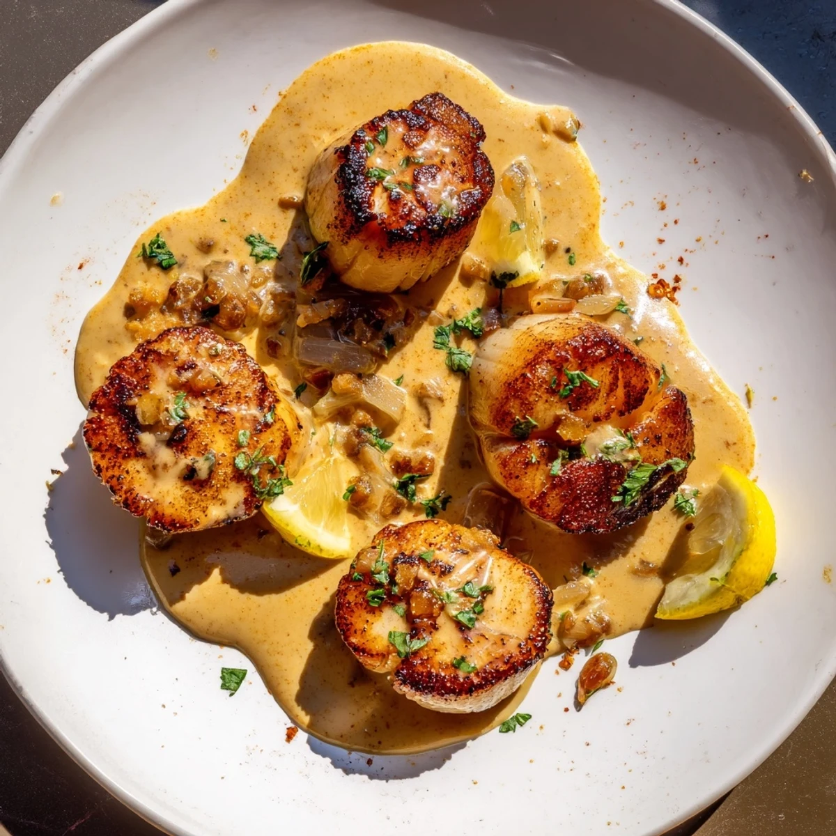 Pan-seared scallops swimming in a smooth, Parmesan-infused Cajun cream sauce with parsley sprinkles