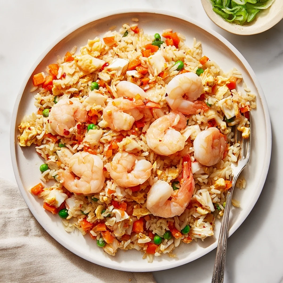 Golden fried rice studded with pink shrimp and crab drizzled with vibrant red garlic chili oil in a white bowl