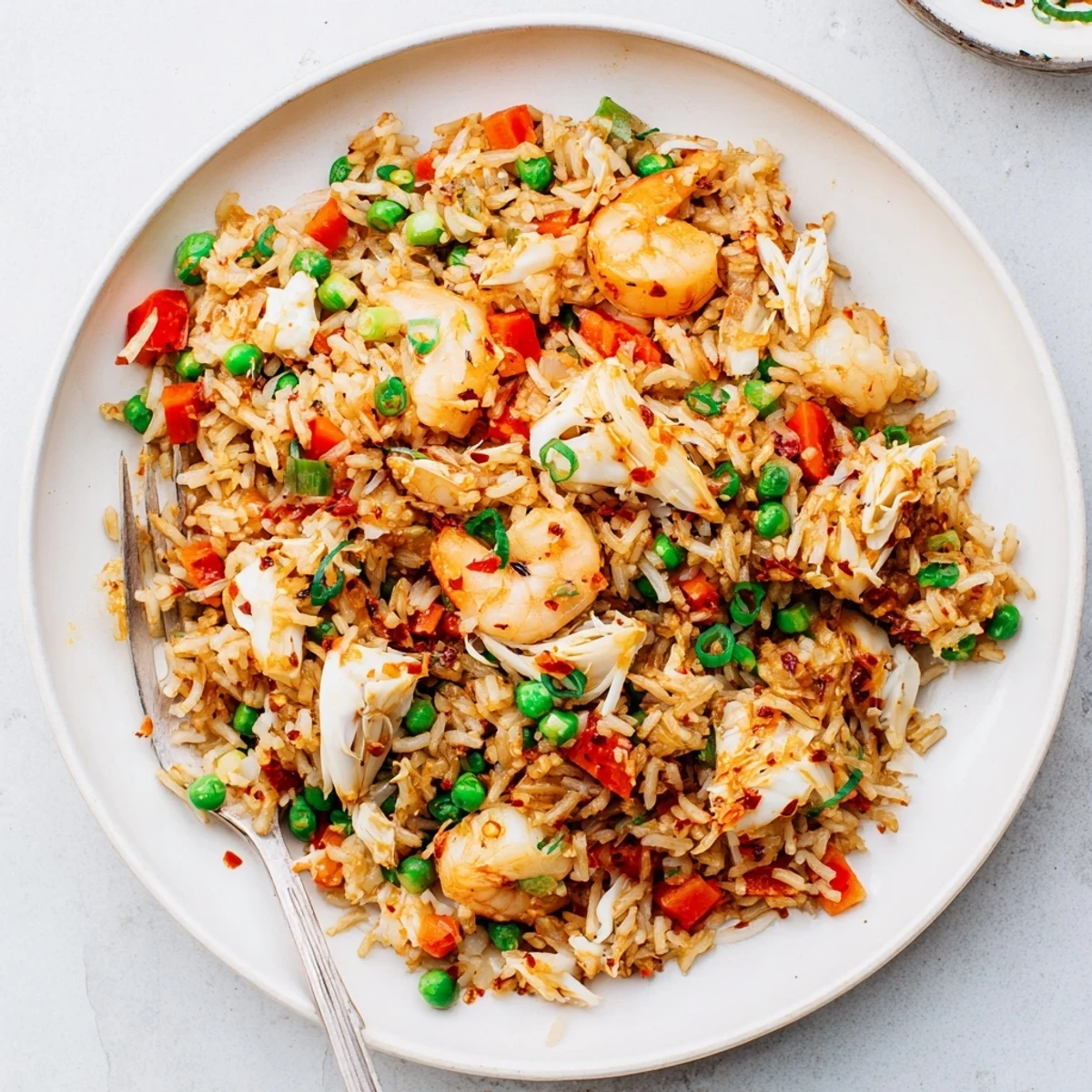 Wok-tossed spicy crab and shrimp fried rice garnished with fresh green scallions and colorful vegetables on a rustic wooden table