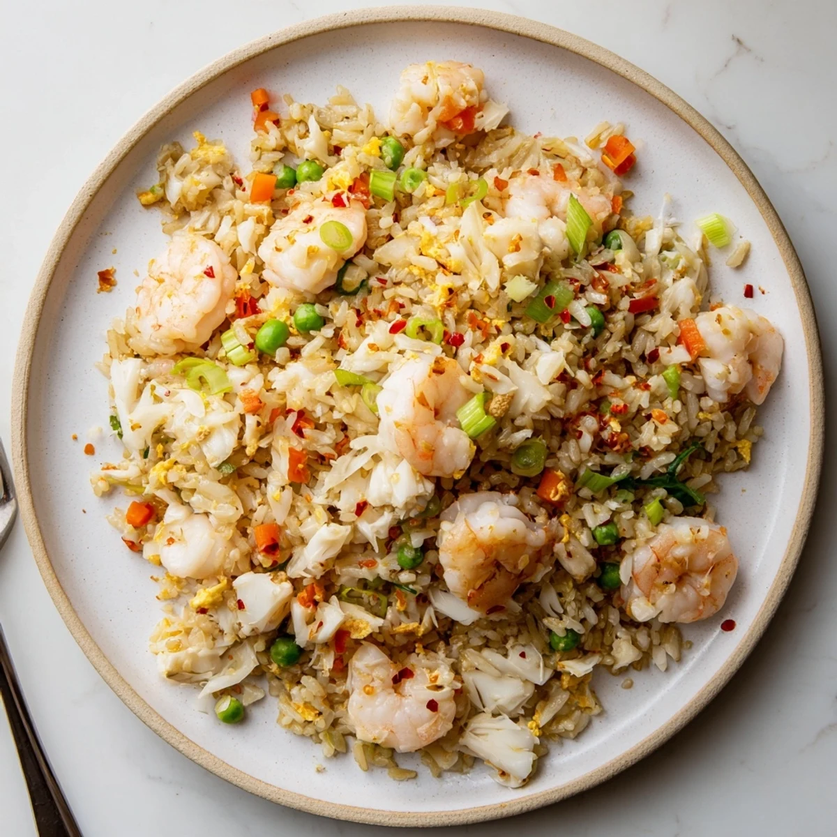 Steaming plate of Asian fusion spicy crab and shrimp fried rice finished with glossy homemade garlic chili oil and red pepper flakes