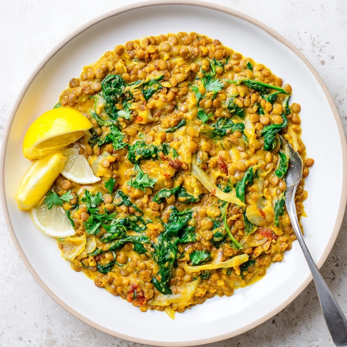 Creamy Greek yogurt lentil curry garnished with fresh cilantro and served over steamed basmati rice