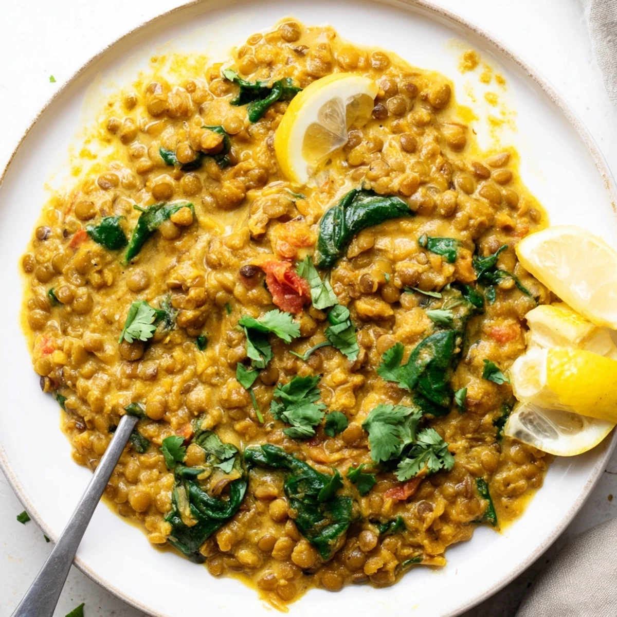 Golden bowl of spiced Greek yogurt lentil curry topped with vibrant green spinach and lemon wedges