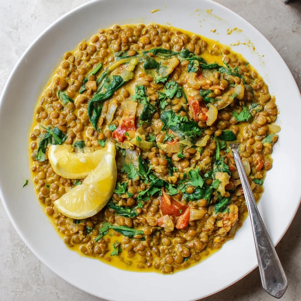 Rich and tangy Greek yogurt lentil curry simmered with aromatic spices in a white serving dish