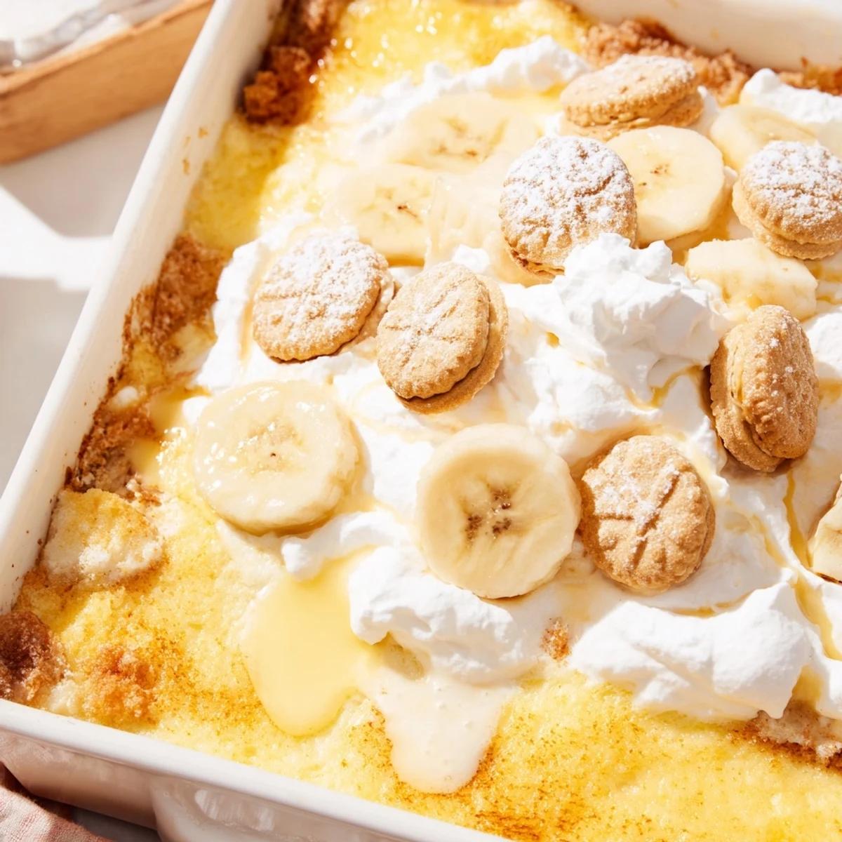 Golden Southern banana pudding cheesecake dump cake topped with whipped cream and fresh banana slices