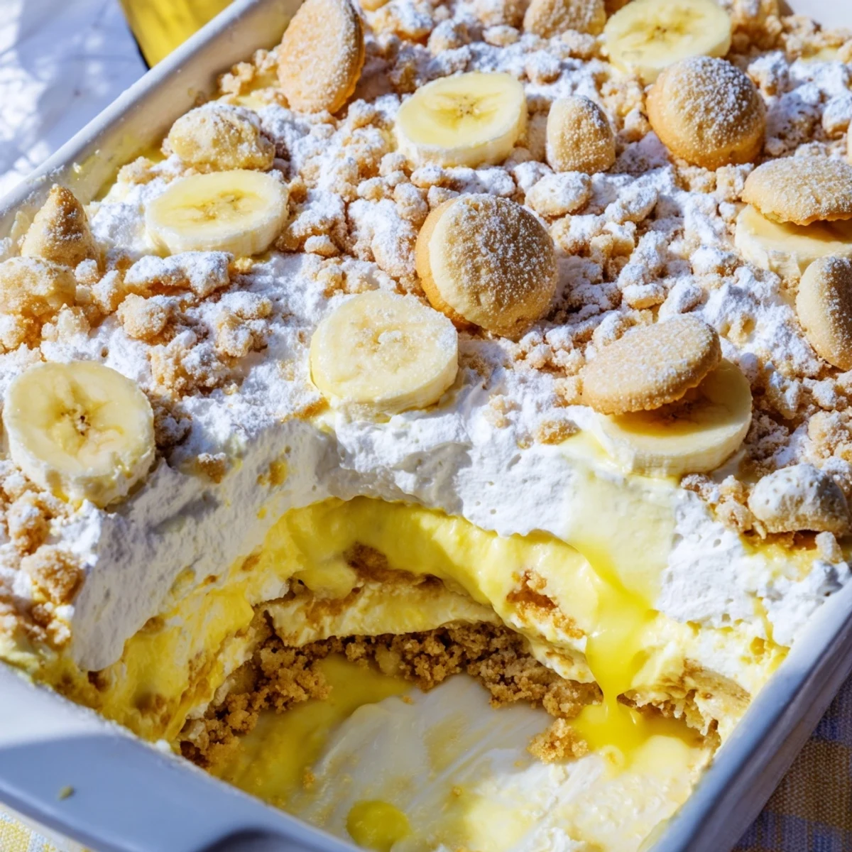 Rich layered banana pudding cheesecake dump cake with buttery yellow cake crumble and vanilla wafers