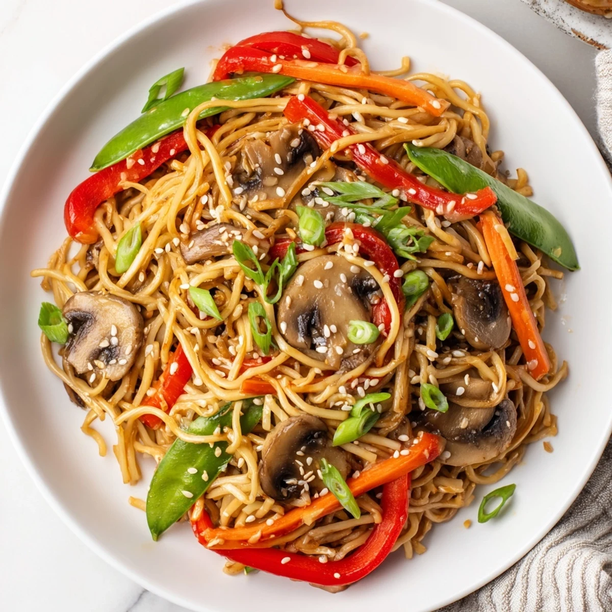 Garlic Mushroom Chow Mein featuring tender egg noodles tossed with sliced mushrooms and colorful crisp vegetables in a savory dark soy sauce
