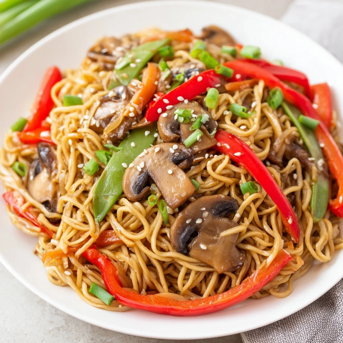 Steamy plate of vegetarian Garlic Mushroom Chow Mein garnished with toasted sesame seeds and fresh spring onions, ready for a quick weeknight dinner